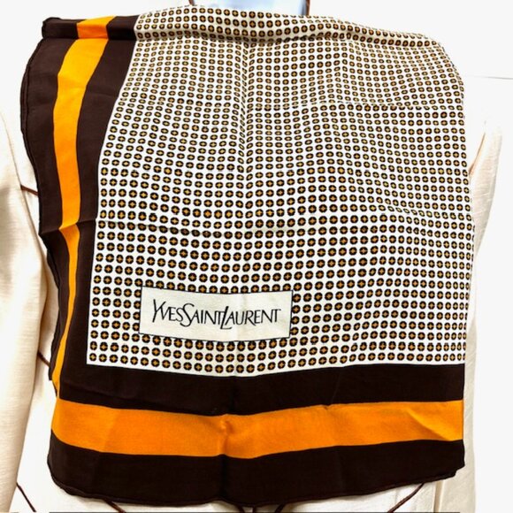 Vgt  Yves Saint Laurent  scarf 100% silk satin/rayon 30" Brown Orange dott (27) - Picture 3 of 10